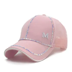 Bling baseball Cap, Women Breathable, adjustable Cap, Glam jewel sparkle hat in Pink white