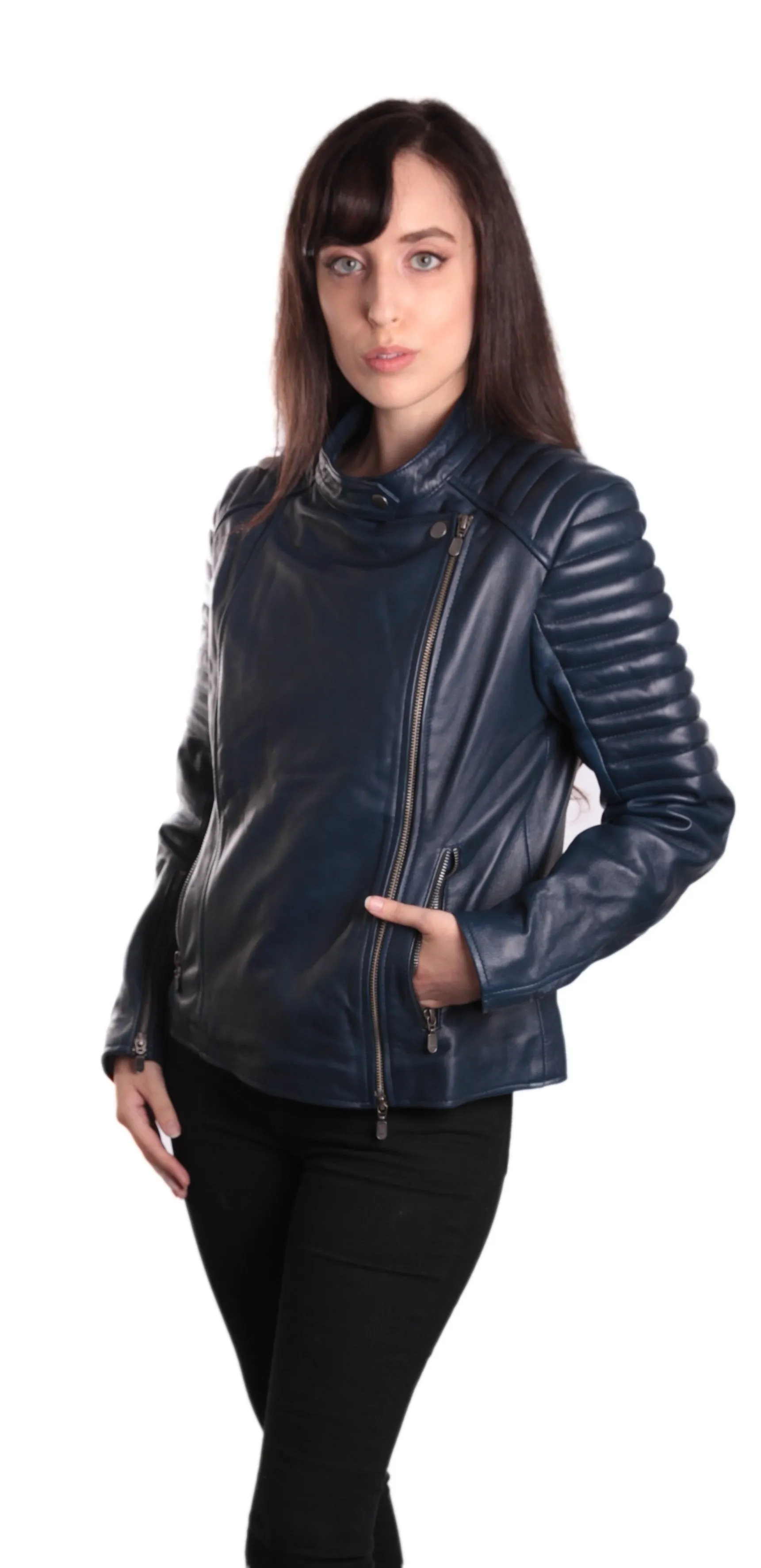 Ladies Bella Navy Blue Carla Leather Jacket