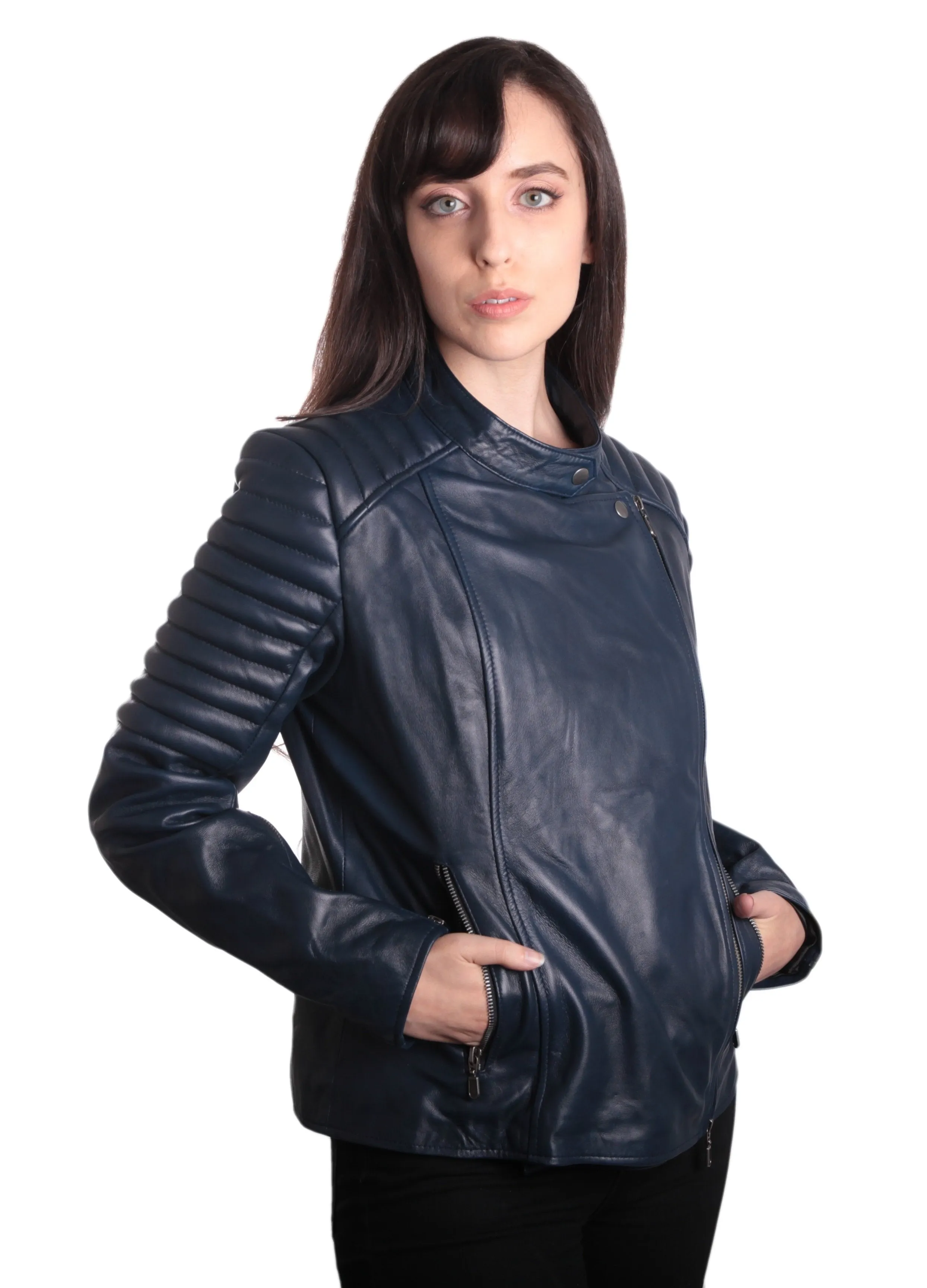 Ladies Bella Navy Blue Carla Leather Jacket