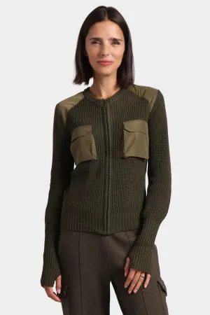 MINNIE ROSE-Cotton Cashmere Shaker Utility Zip Up Army/Olive