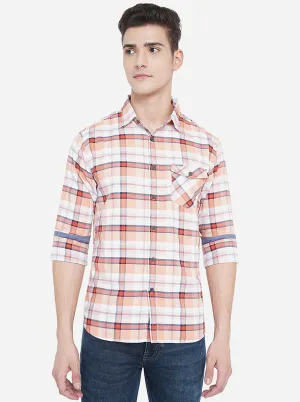 Salmon Peach Checked Slim Fit Semi Casual Shirt | Greenfibre